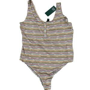 Wild Fable Women's Striped Pink and Olive Snap Bodysuit - Size Medium - NWT